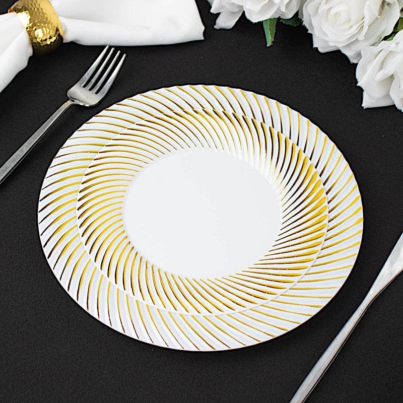 10 Round Disposable Salad and Dinner Plastic Plates with Swirl Design Trim