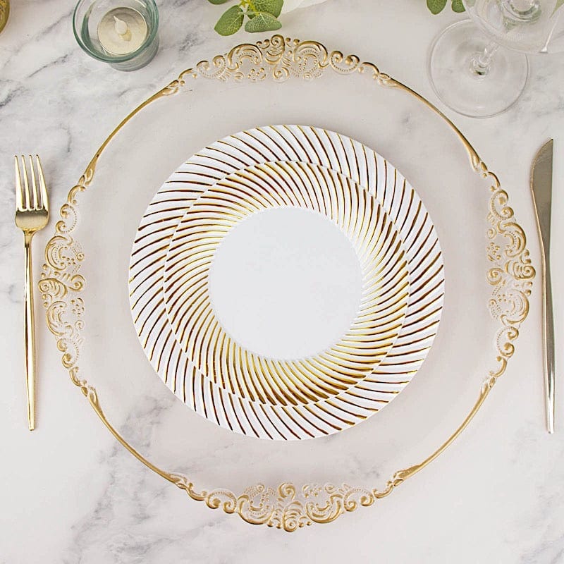 10 Round Disposable Salad and Dinner Plastic Plates with Swirl Design Trim