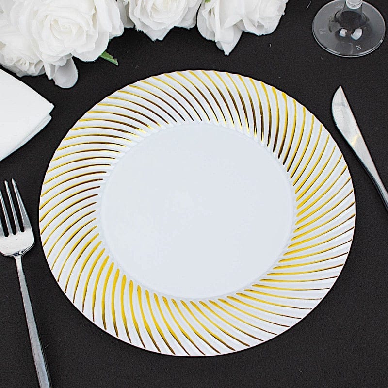 10 Round Disposable Salad and Dinner Plastic Plates with Swirl Design Trim
