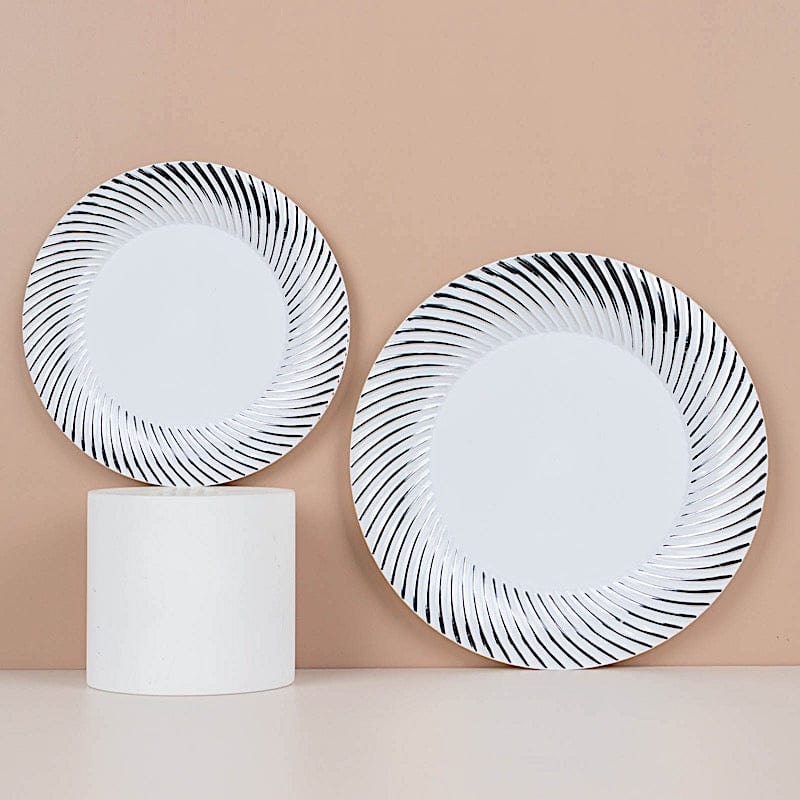 10 Round Disposable Salad and Dinner Plastic Plates with Swirl Design Trim