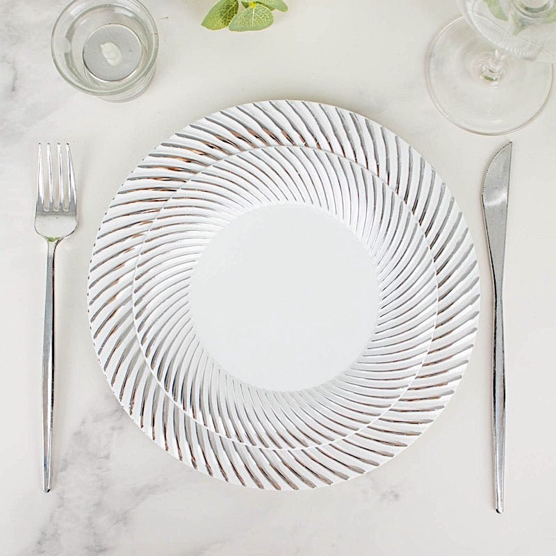 10 Round Disposable Salad and Dinner Plastic Plates with Swirl Design Trim