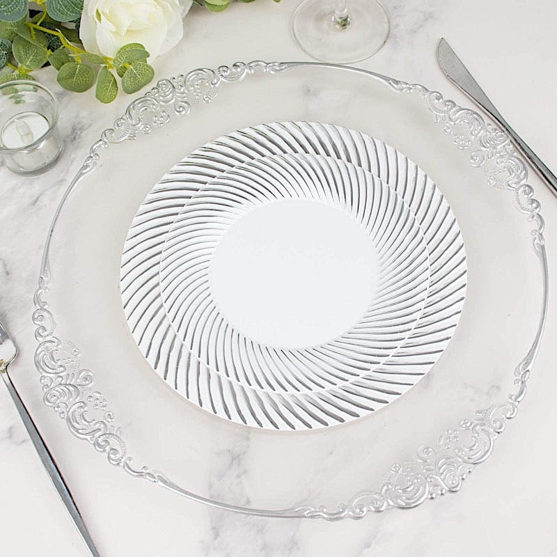 10 Round Disposable Salad and Dinner Plastic Plates with Swirl Design Trim