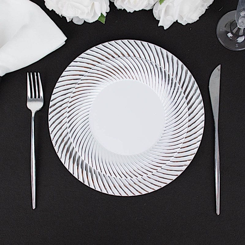 10 Round Disposable Salad and Dinner Plastic Plates with Swirl Design Trim