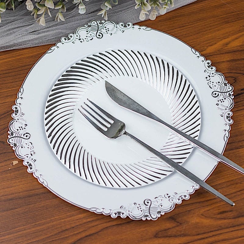 10 Round Disposable Salad and Dinner Plastic Plates with Swirl Design Trim