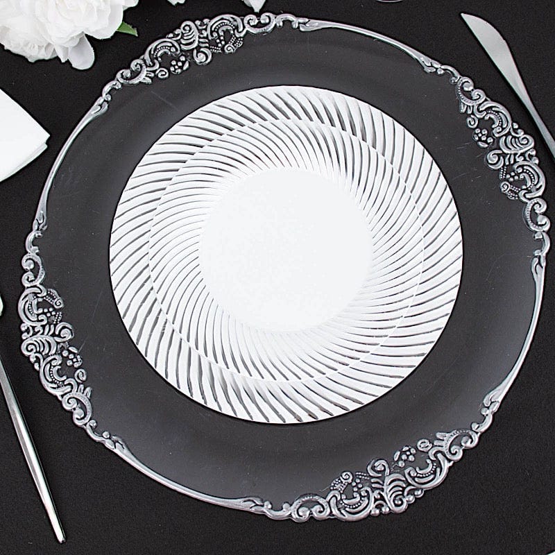 10 Round Disposable Salad and Dinner Plastic Plates with Swirl Design Trim