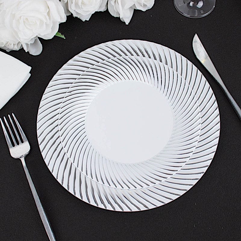 10 Round Disposable Salad and Dinner Plastic Plates with Swirl Design Trim