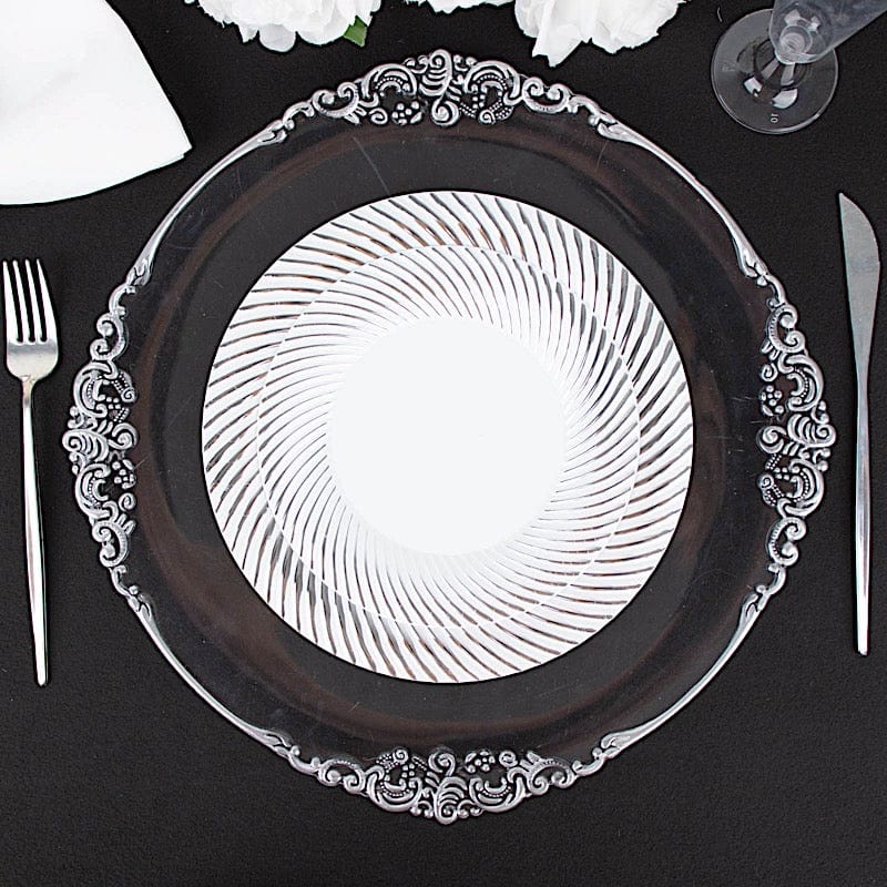 10 Round Disposable Salad and Dinner Plastic Plates with Swirl Design Trim