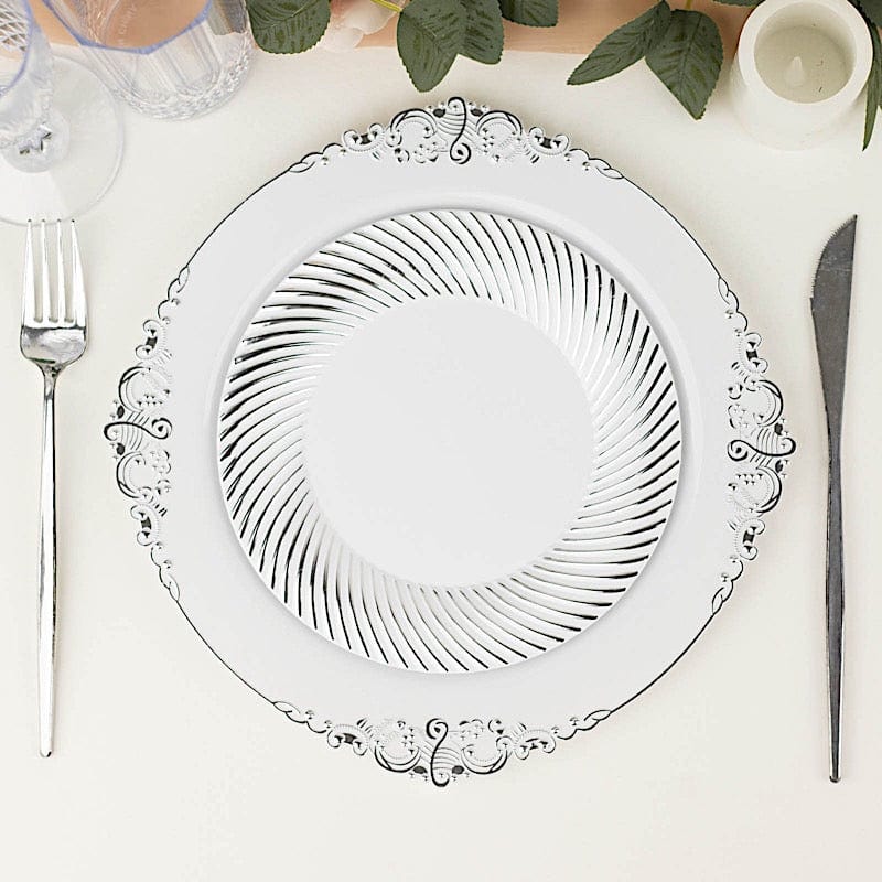 10 Round Disposable Salad and Dinner Plastic Plates with Swirl Design Trim