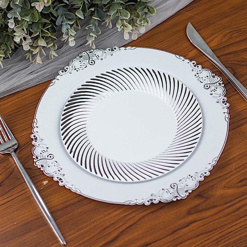 10 Round Disposable Salad and Dinner Plastic Plates with Swirl Design Trim
