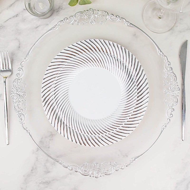 10 Round Disposable Salad and Dinner Plastic Plates with Swirl Design Trim