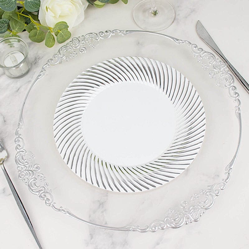 10 Round Disposable Salad and Dinner Plastic Plates with Swirl Design Trim