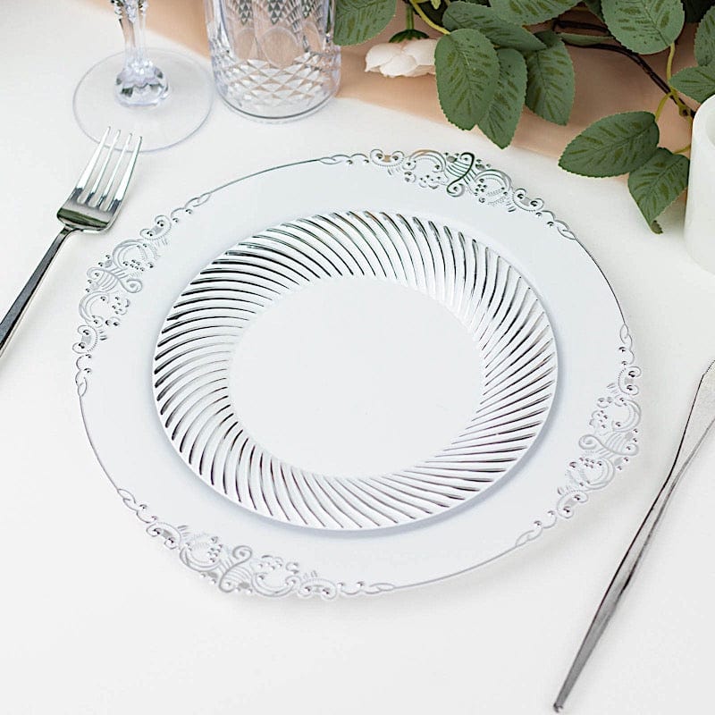 10 Round Disposable Salad and Dinner Plastic Plates with Swirl Design Trim