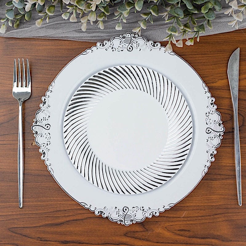 10 Round Disposable Salad and Dinner Plastic Plates with Swirl Design Trim