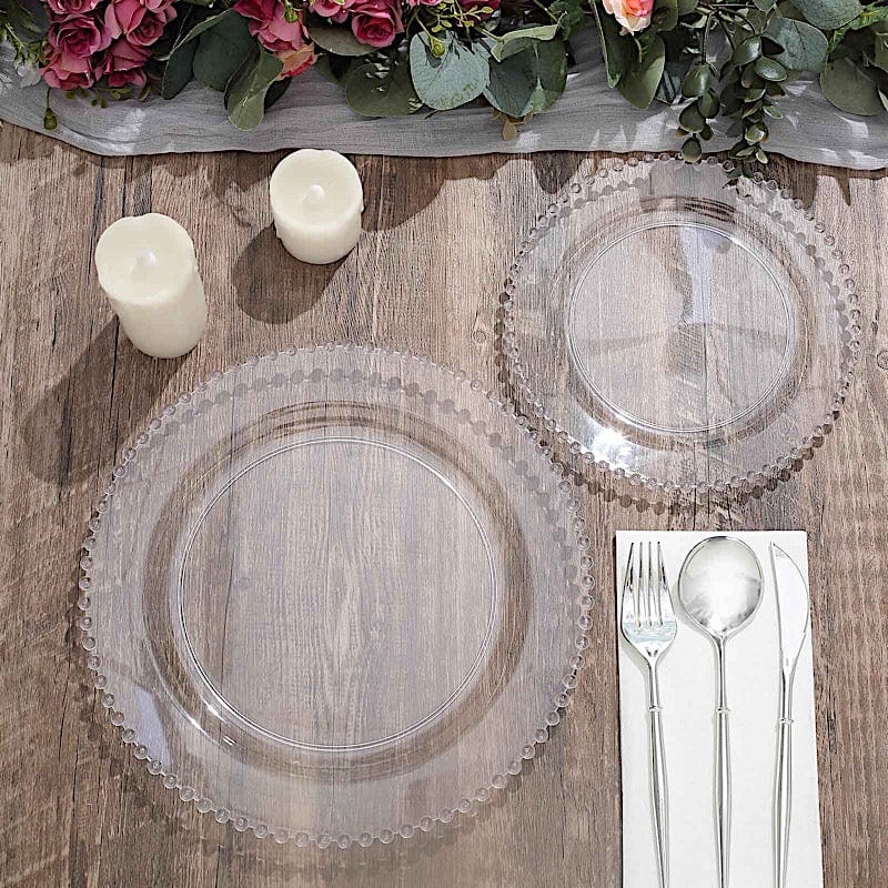 10 Round Disposable Plastic Salad and Dinner Plates with Beaded Trim