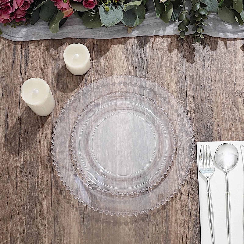 10 Round Disposable Plastic Salad and Dinner Plates with Beaded Trim