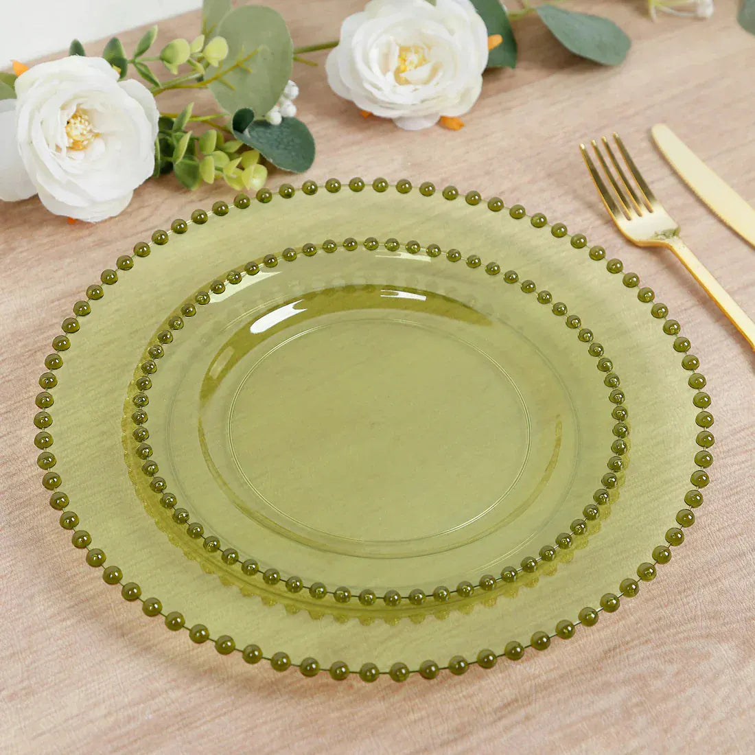 10 Round Disposable Plastic Salad and Dinner Plates with Beaded Trim