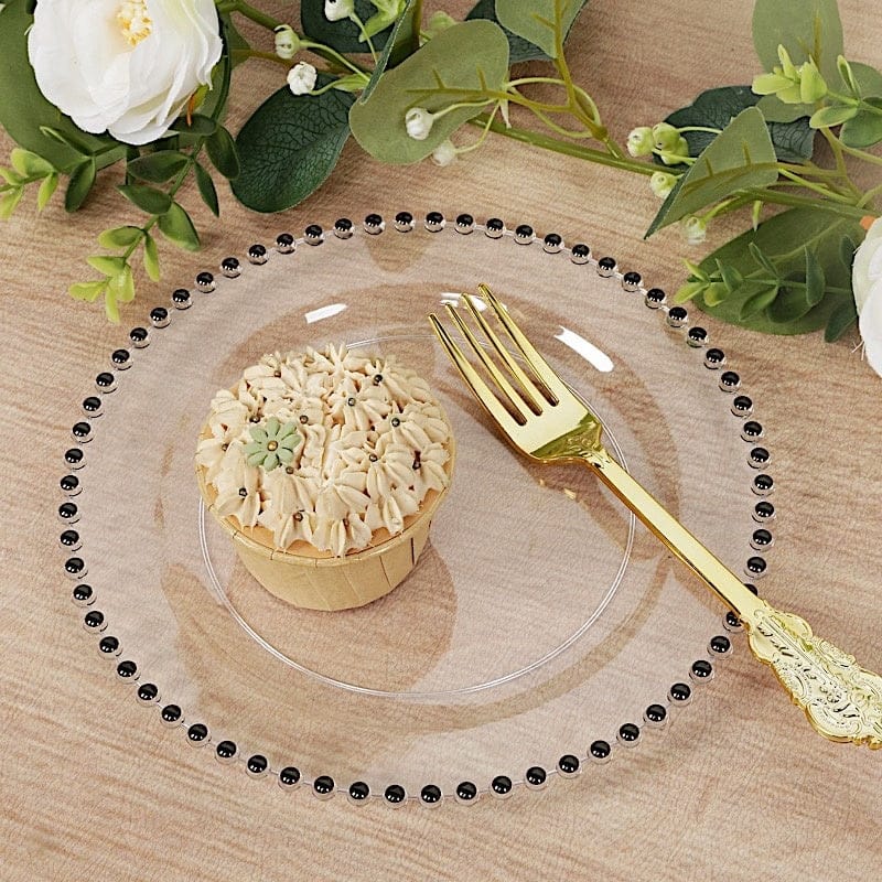 10 Round Disposable Plastic Salad and Dinner Plates with Beaded Trim