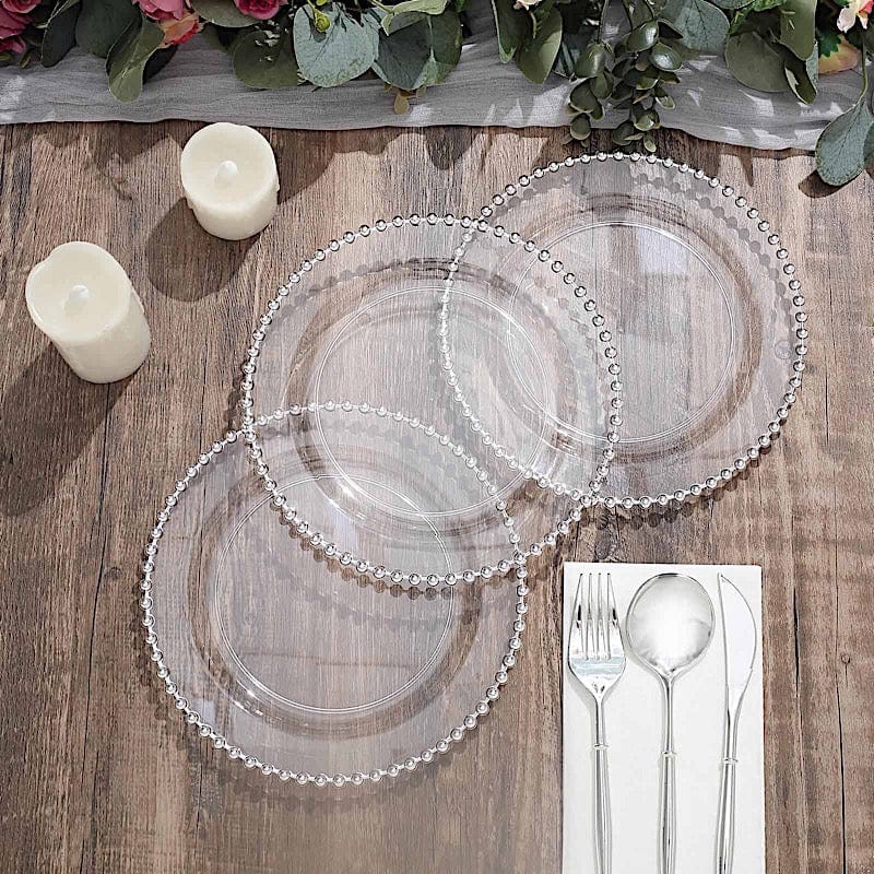 10 Round Disposable Plastic Salad and Dinner Plates with Beaded Trim