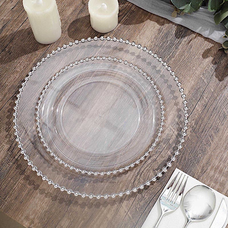 10 Round Disposable Plastic Salad and Dinner Plates with Beaded Trim