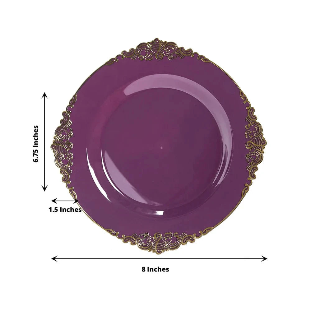 10 Round Disposable Plastic Salad Dinner Plates with Embossed Baroque Trim