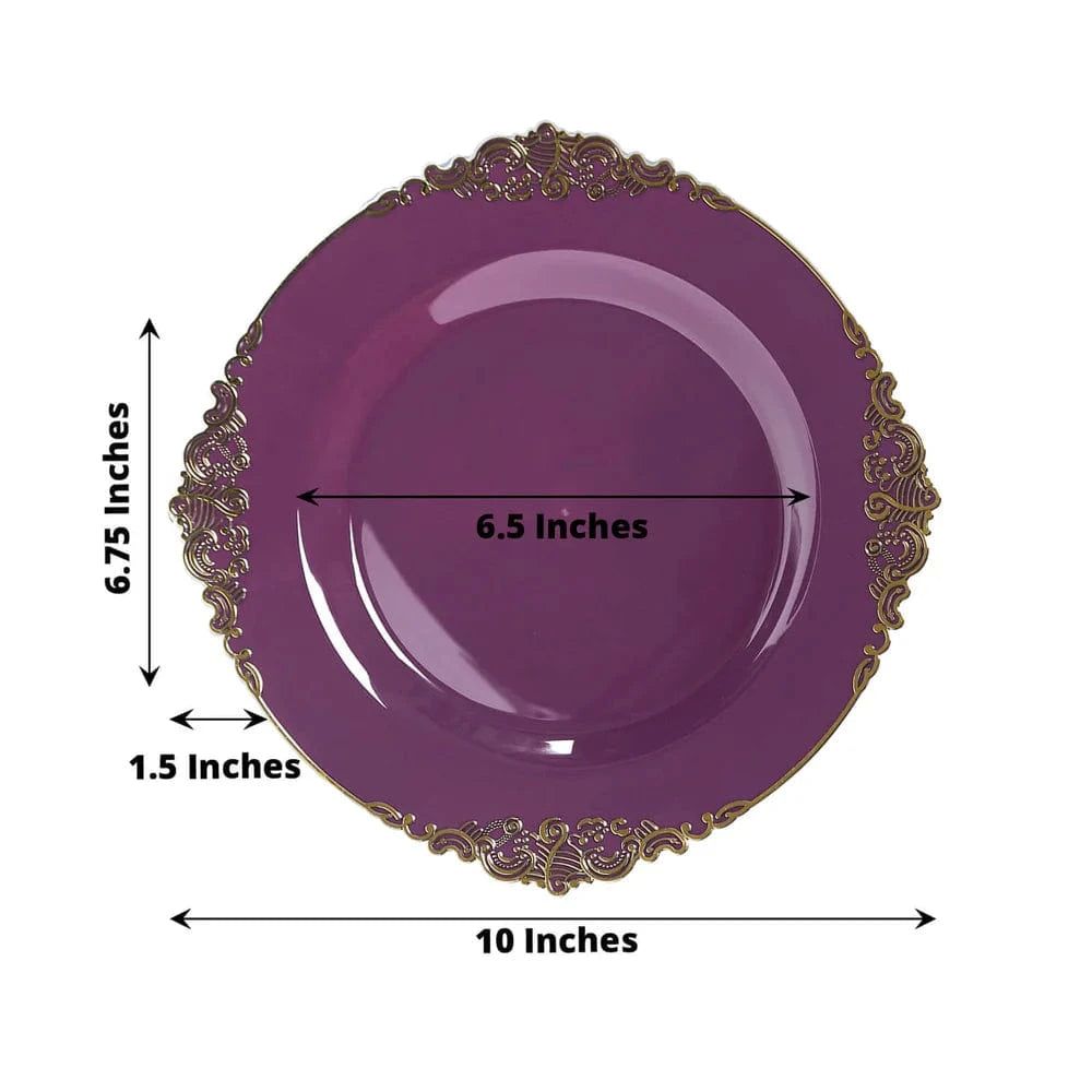 10 Round Disposable Plastic Salad Dinner Plates with Embossed Baroque Trim