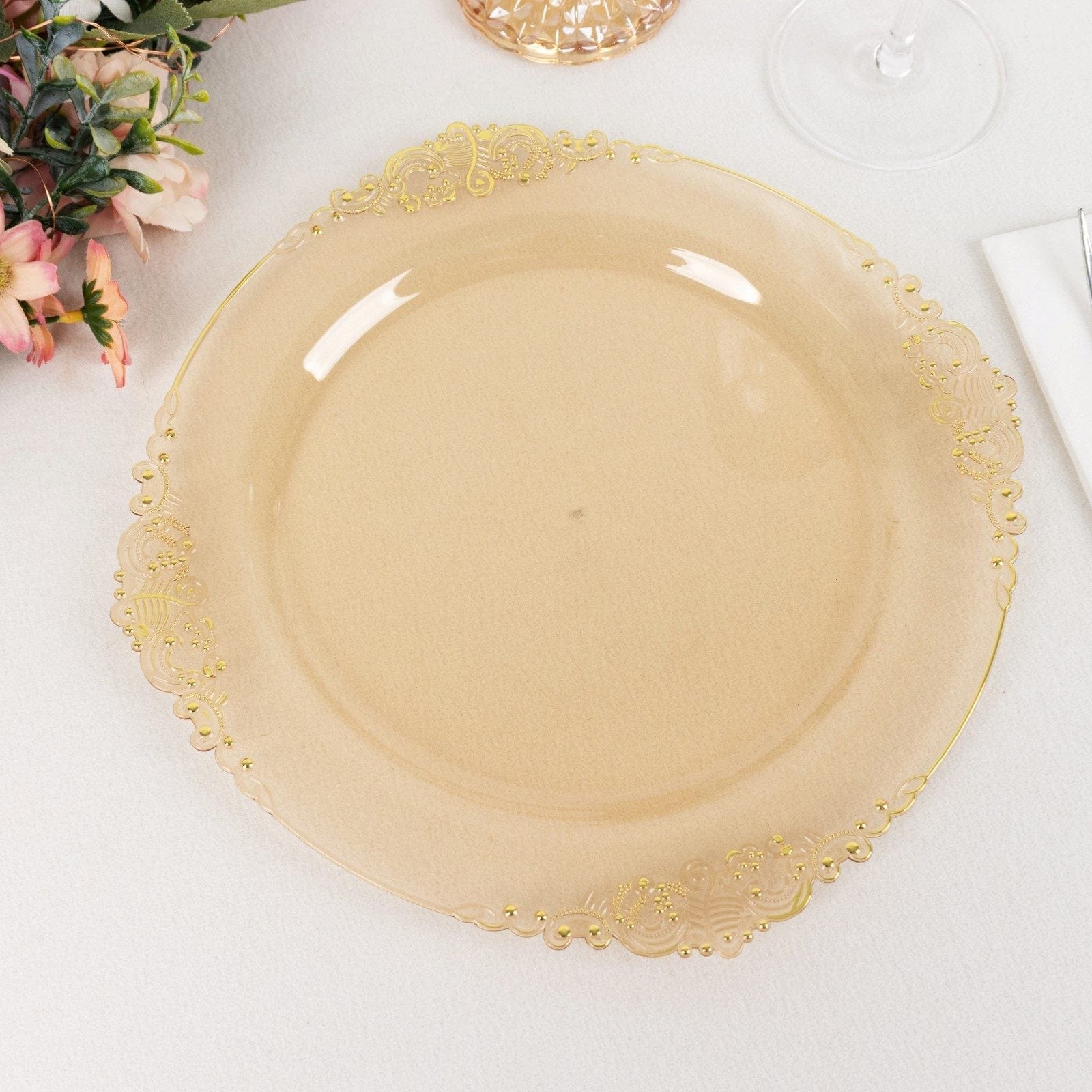 10 Round Disposable Plastic Salad Dinner Plates with Embossed Baroque Trim