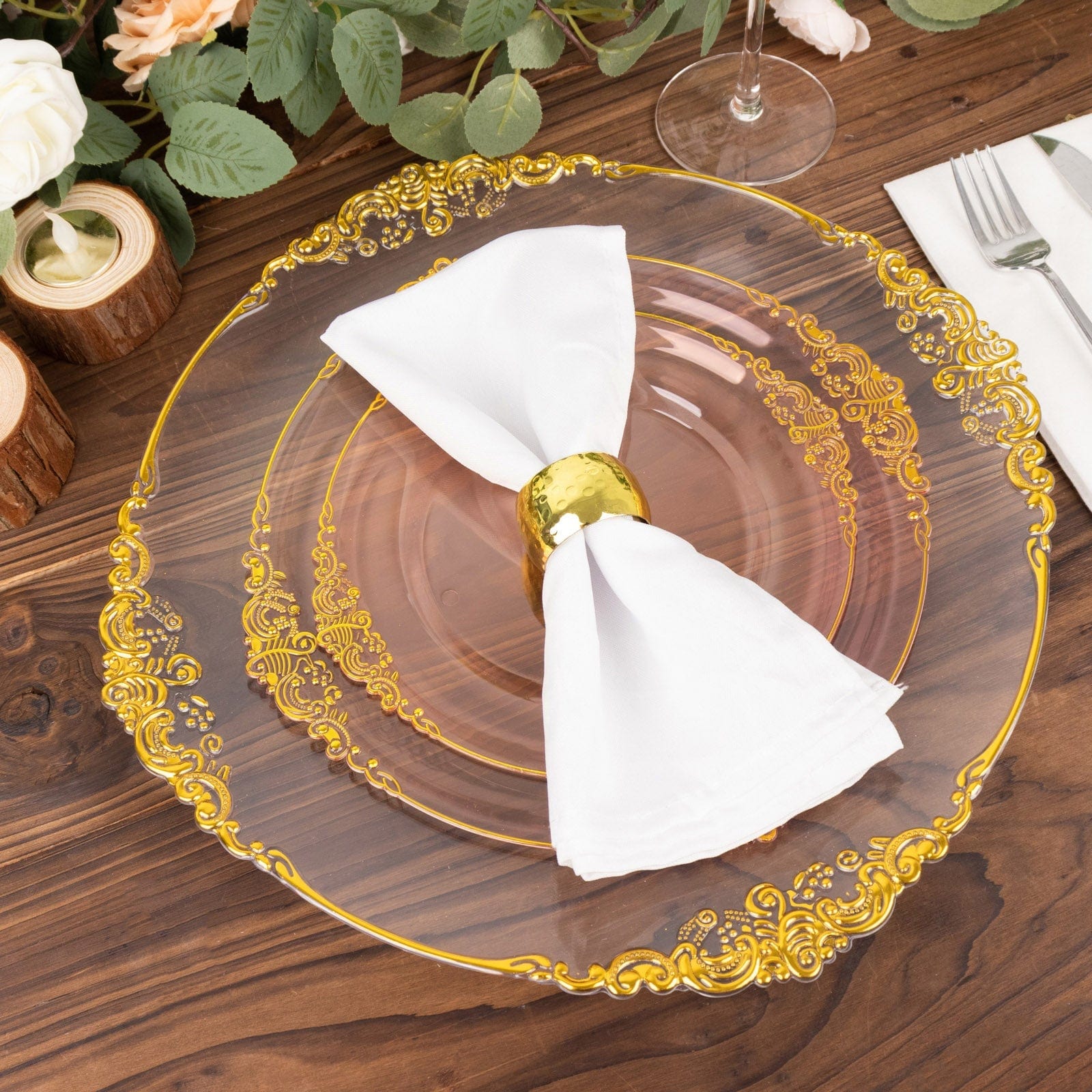 10 Round Disposable Plastic Salad Dinner Plates with Embossed Baroque Trim
