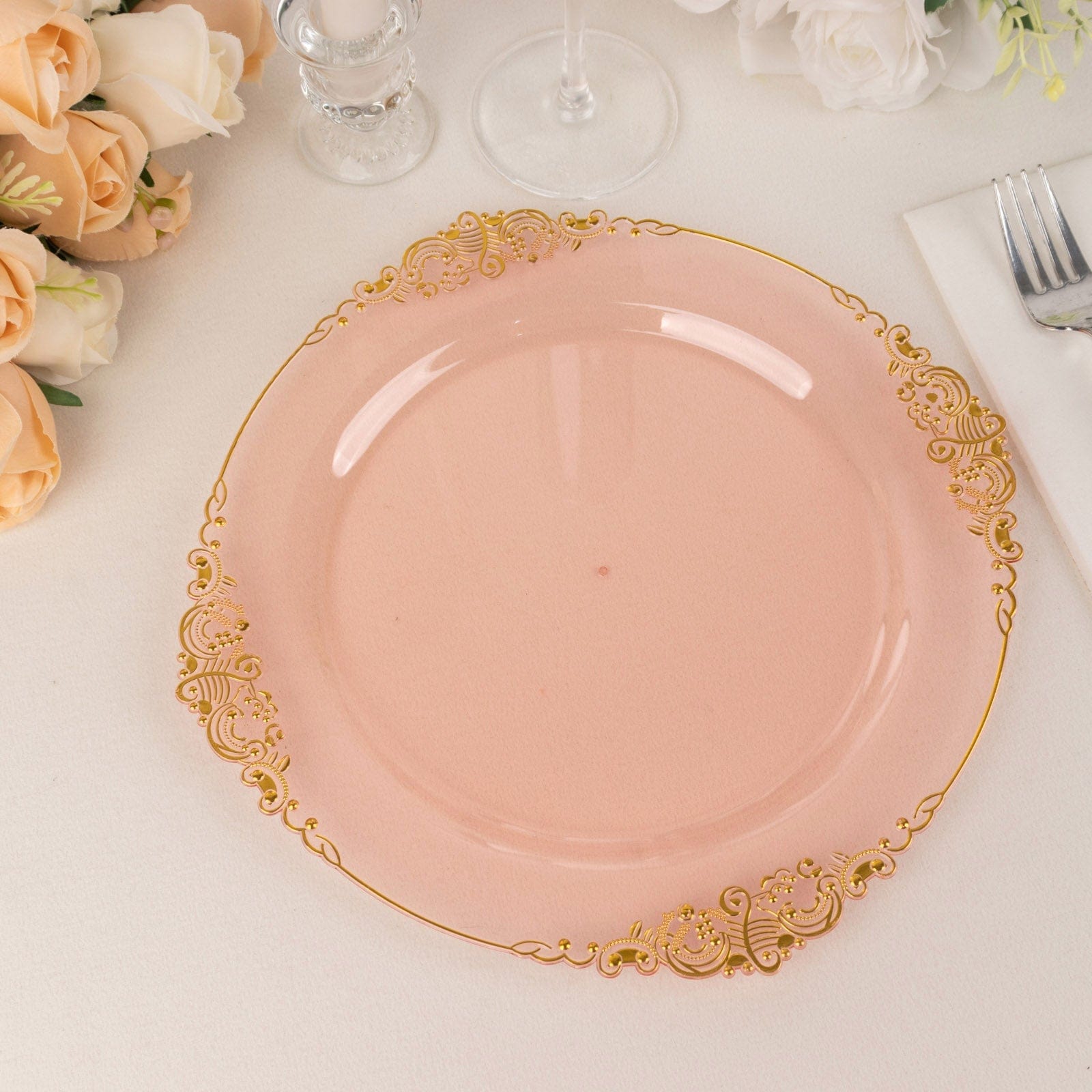 10 Round Disposable Plastic Salad Dinner Plates with Embossed Baroque Trim