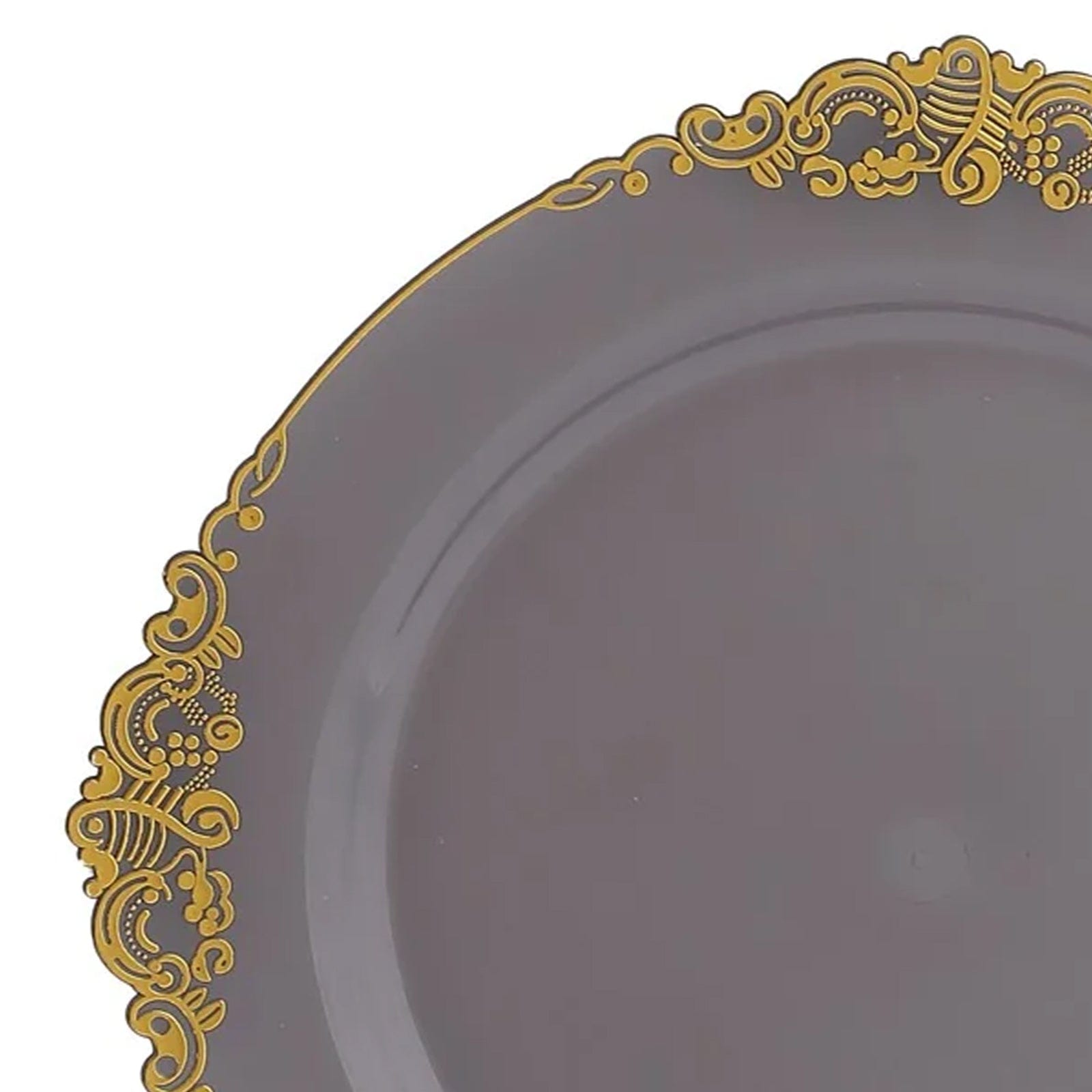10 Round Disposable Plastic Salad Dinner Plates with Embossed Baroque Trim