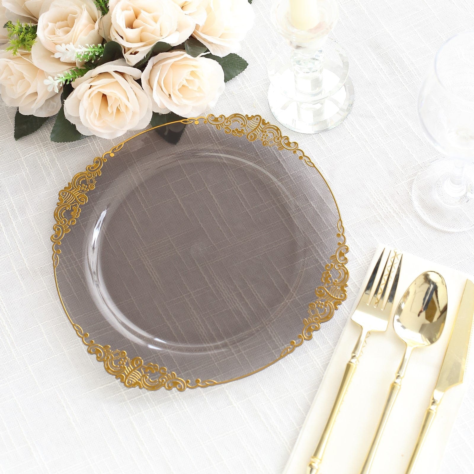 10 Round Disposable Plastic Salad Dinner Plates with Embossed Baroque Trim
