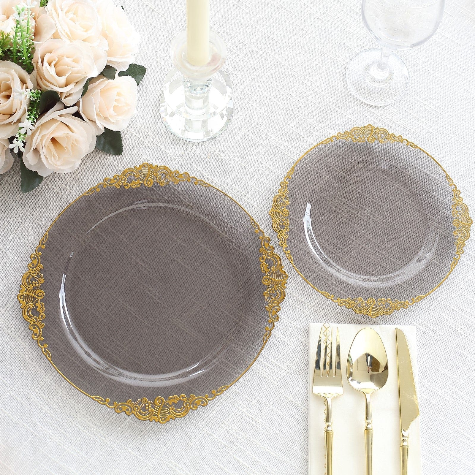 10 Round Disposable Plastic Salad Dinner Plates with Embossed Baroque Trim
