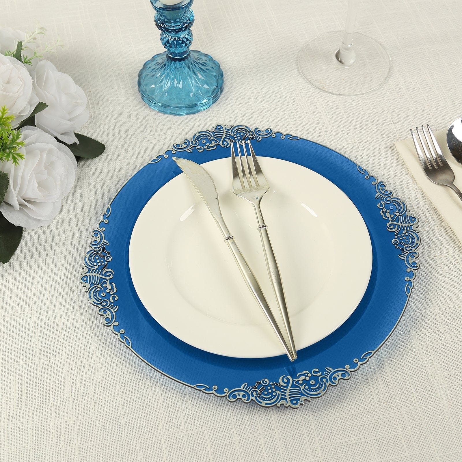 10 Round Disposable Plastic Salad Dinner Plates with Embossed Baroque Trim