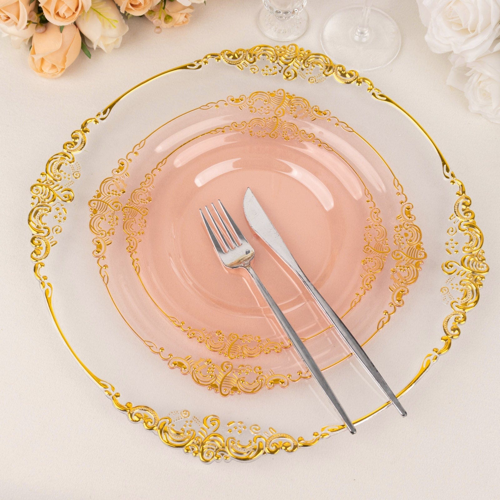 10 Round Disposable Plastic Salad Dinner Plates with Embossed Baroque Trim