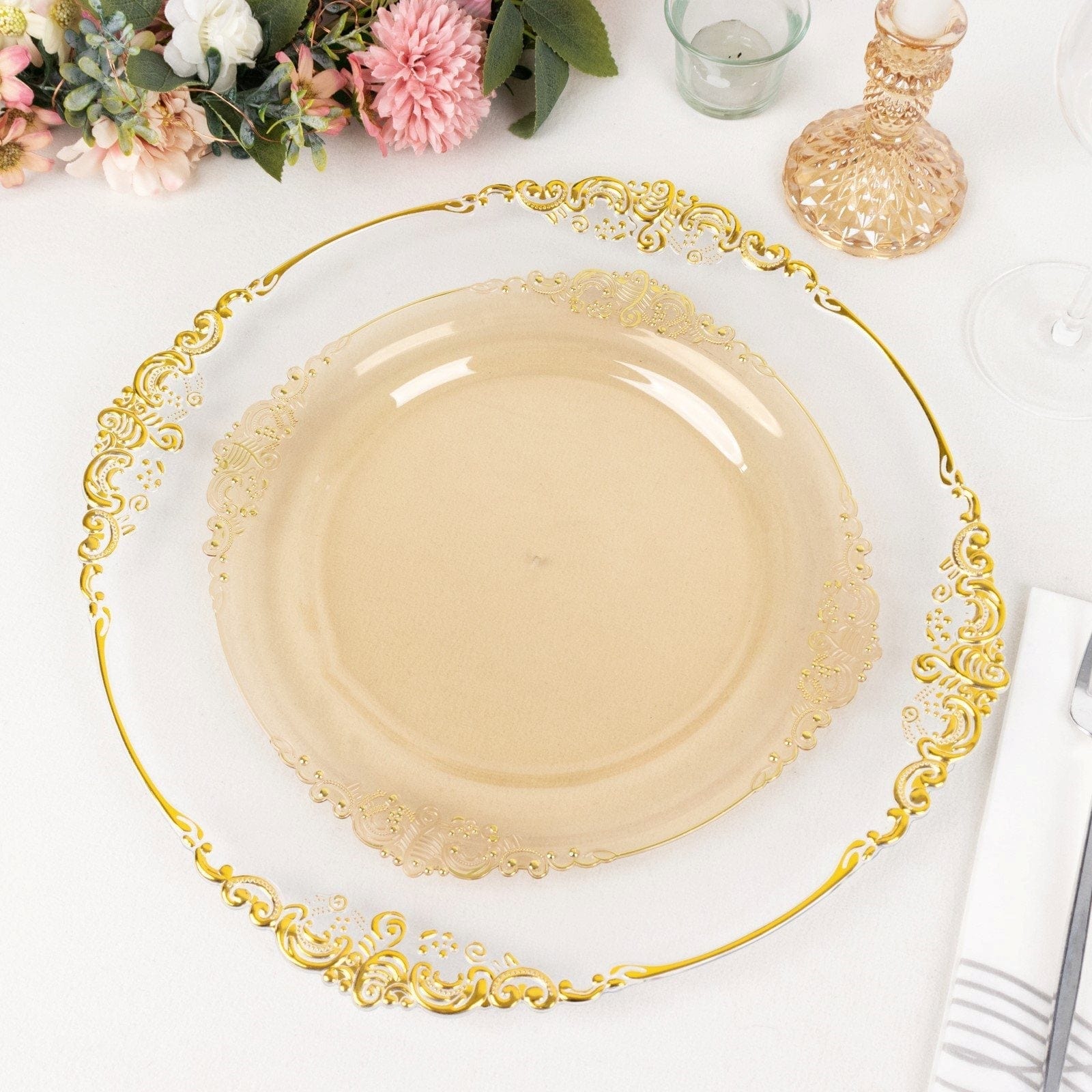 10 Round Disposable Plastic Salad Dinner Plates with Embossed Baroque Trim
