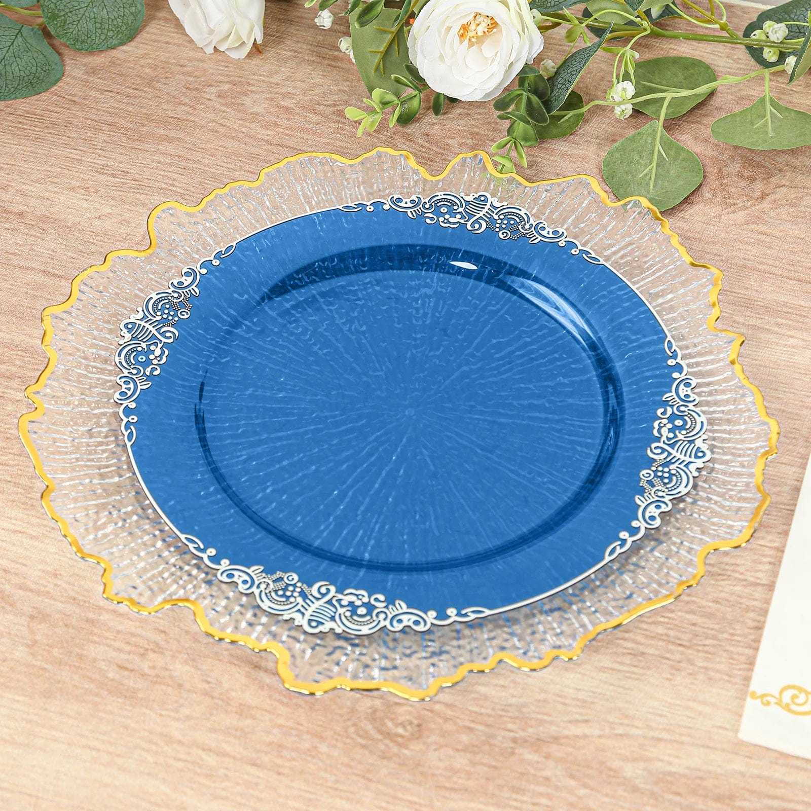 10 Round Disposable Plastic Salad Dinner Plates with Embossed Baroque Trim