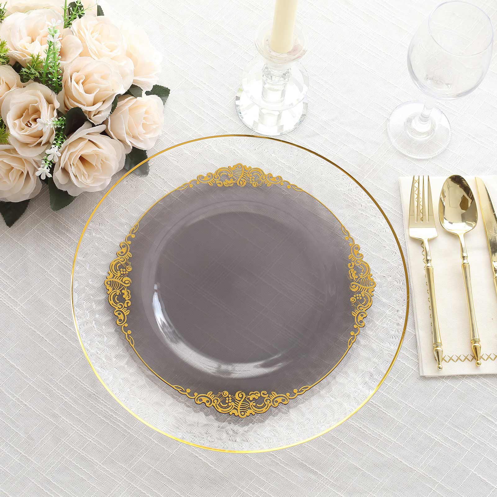 10 Round Disposable Plastic Salad Dinner Plates with Embossed Baroque Trim