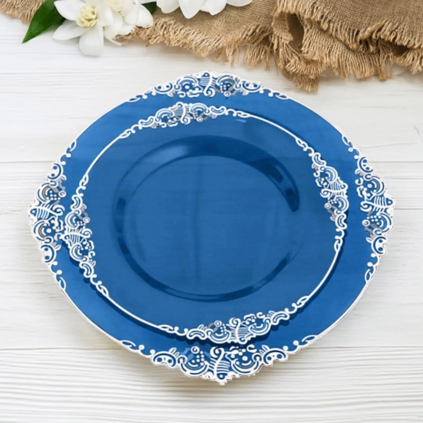 10 Round Disposable Plastic Salad Dinner Plates with Embossed Baroque Trim