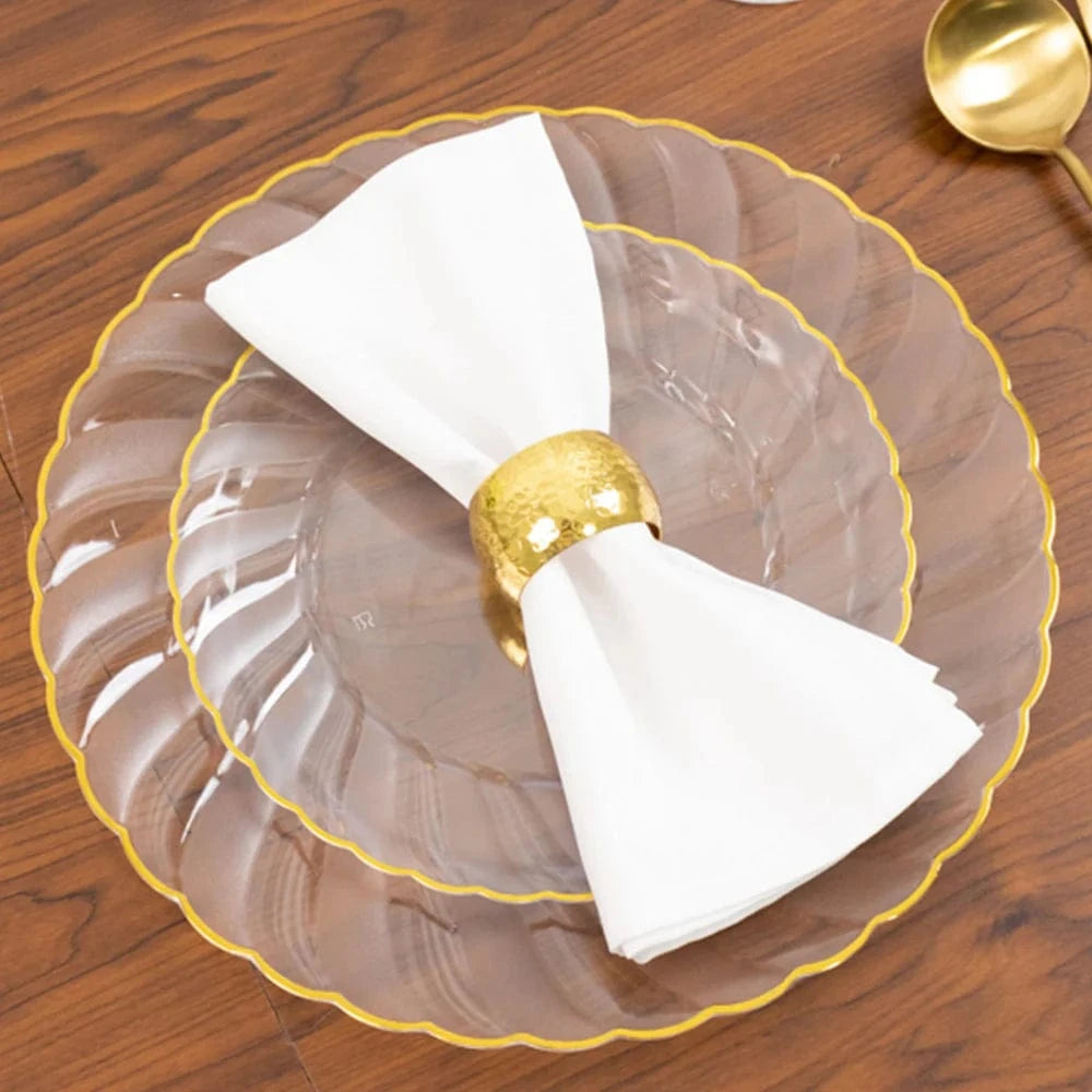 10 Round Disposable Plastic Salad Dinner Plates with Gold Swirl Design Trim