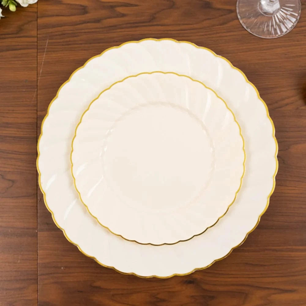 10 Round Disposable Plastic Salad Dinner Plates with Gold Swirl Design Trim
