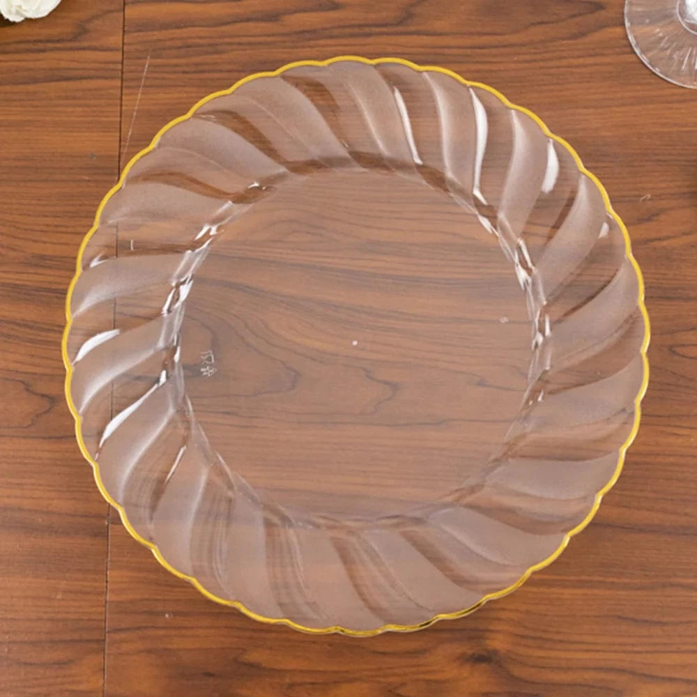 10 Round Disposable Plastic Salad Dinner Plates with Gold Swirl Design Trim