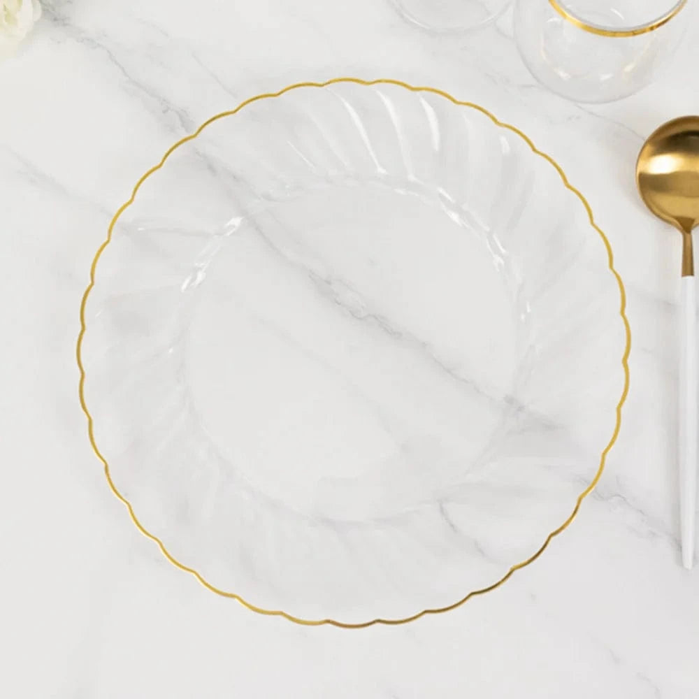 10 Round Disposable Plastic Salad Dinner Plates with Gold Swirl Design Trim