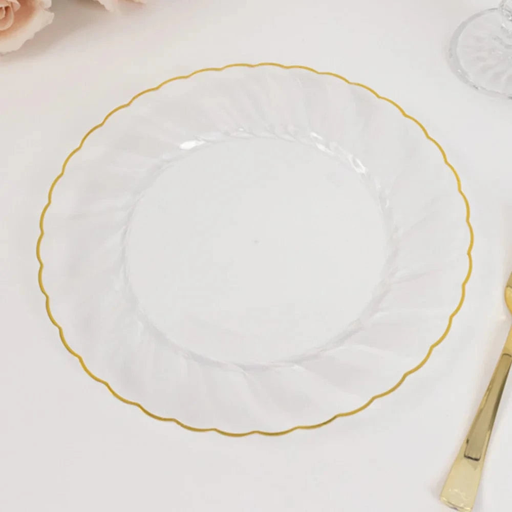 10 Round Disposable Plastic Salad Dinner Plates with Gold Swirl Design Trim