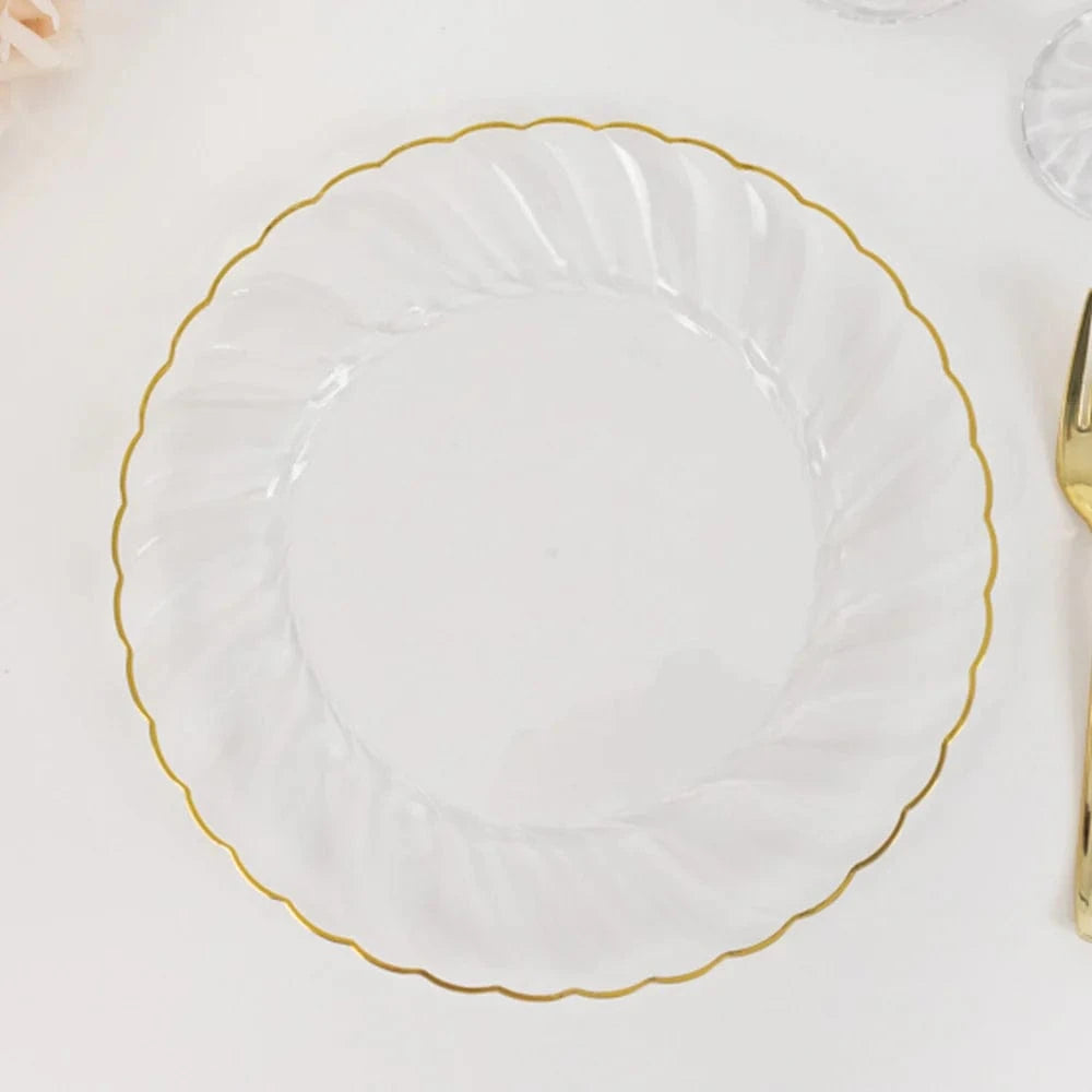 10 Round Disposable Plastic Salad Dinner Plates with Gold Swirl Design Trim