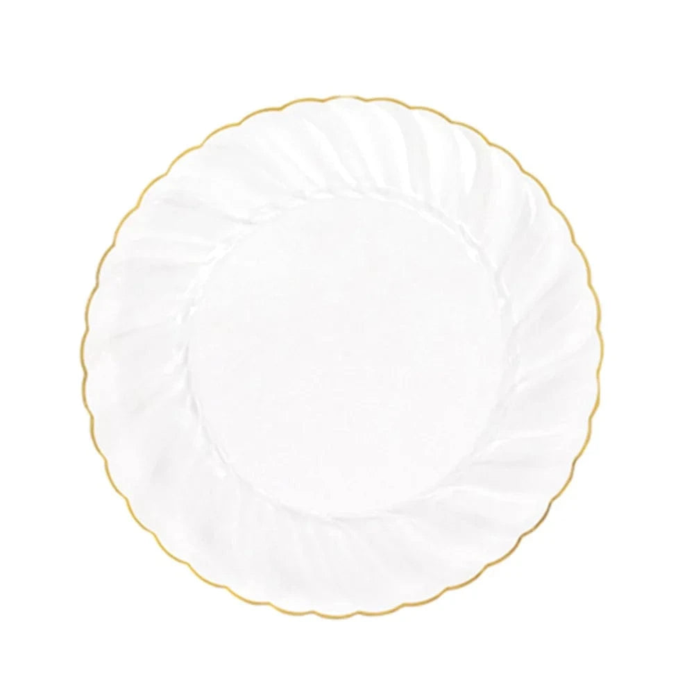 10 Round Disposable Plastic Salad Dinner Plates with Gold Swirl Design Trim