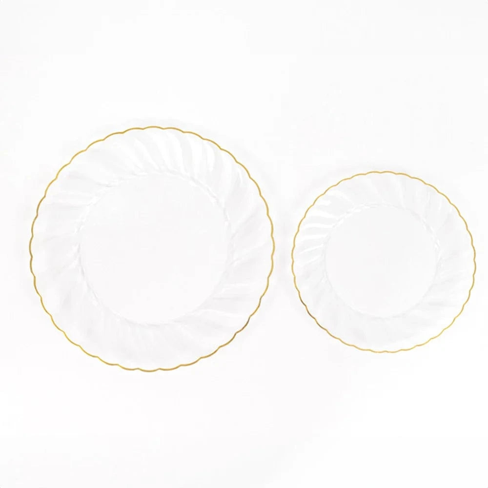 10 Round Disposable Plastic Salad Dinner Plates with Gold Swirl Design Trim
