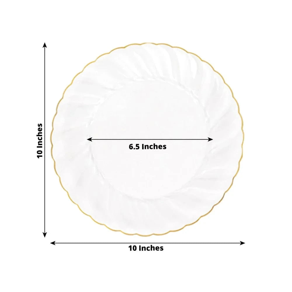 10 Round Disposable Plastic Salad Dinner Plates with Gold Swirl Design Trim