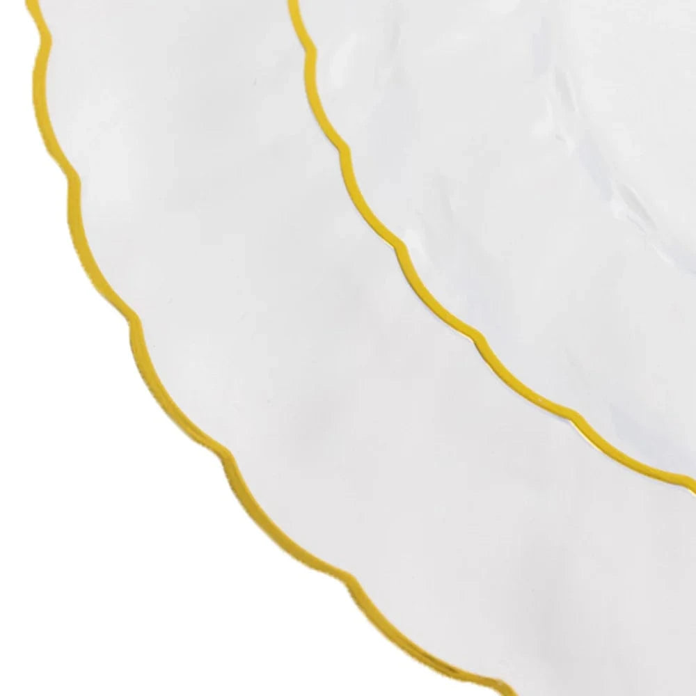 10 Round Disposable Plastic Salad Dinner Plates with Gold Swirl Design Trim