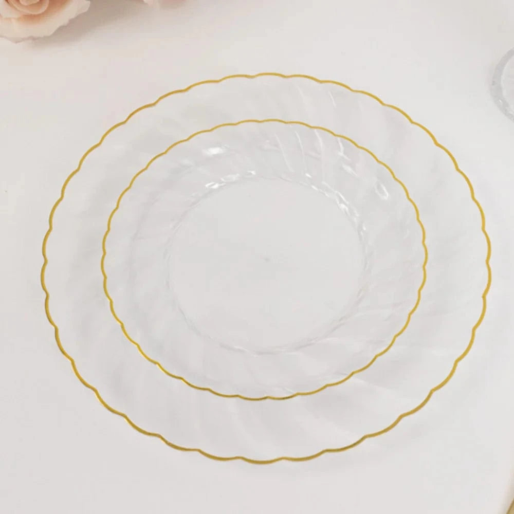 10 Round Disposable Plastic Salad Dinner Plates with Gold Swirl Design Trim
