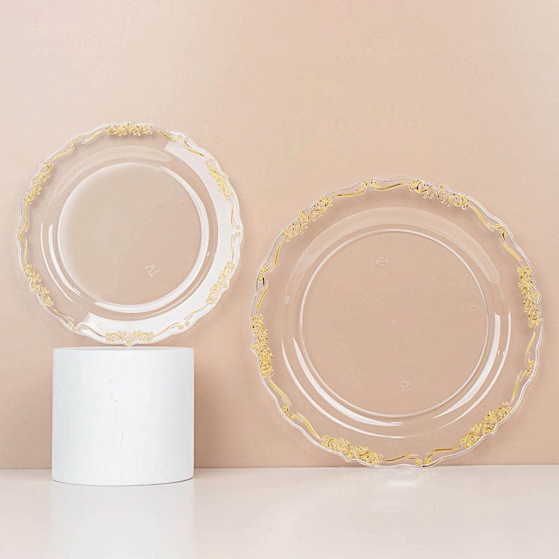 10 Round Disposable Salad and Dinner Plastic Plates with Embossed Scalloped Trim