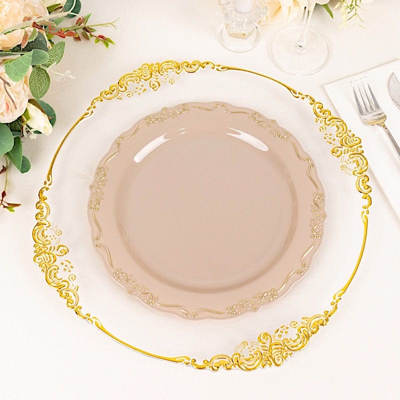 10 Round Disposable Salad and Dinner Plastic Plates with Embossed Scalloped Trim